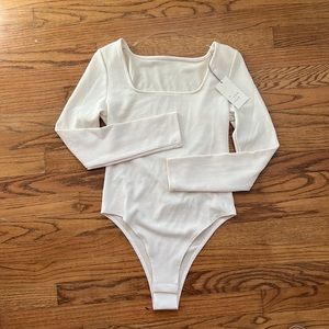 Square Neck Ribbed Bodysuit in Cream, NWT Size M